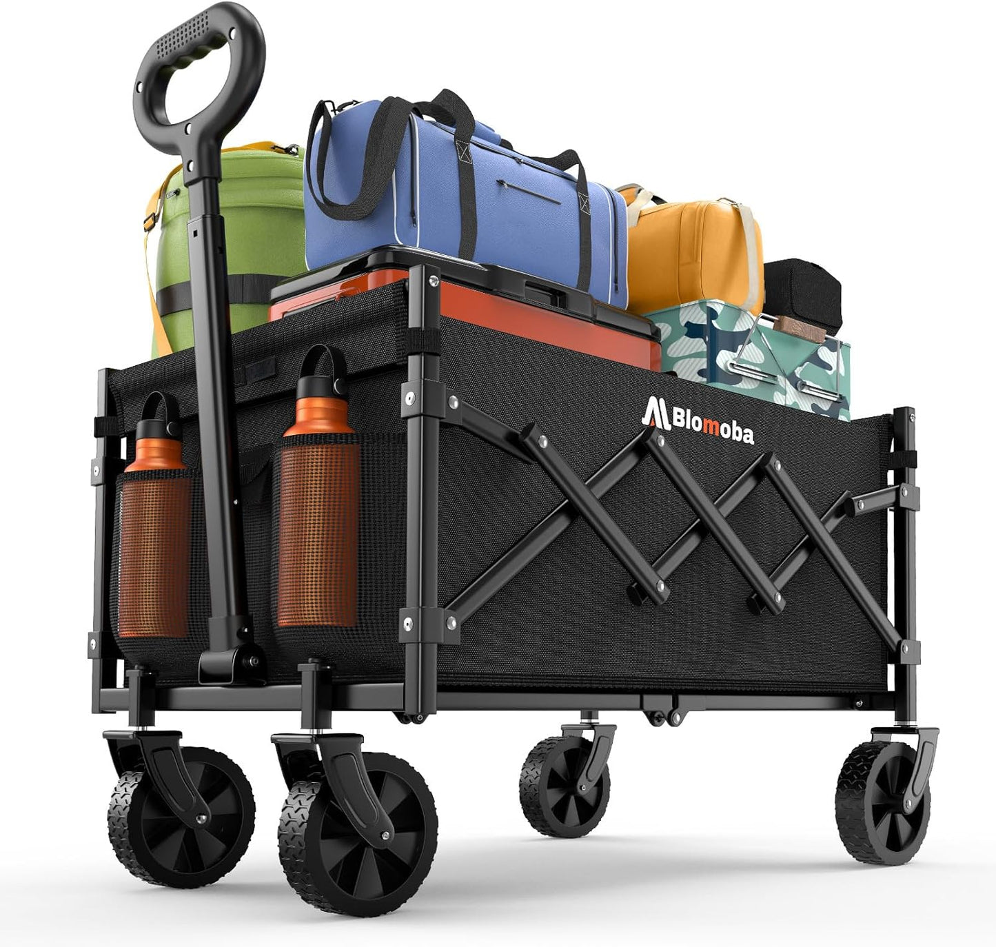 Black folding wagon with various items on a white background