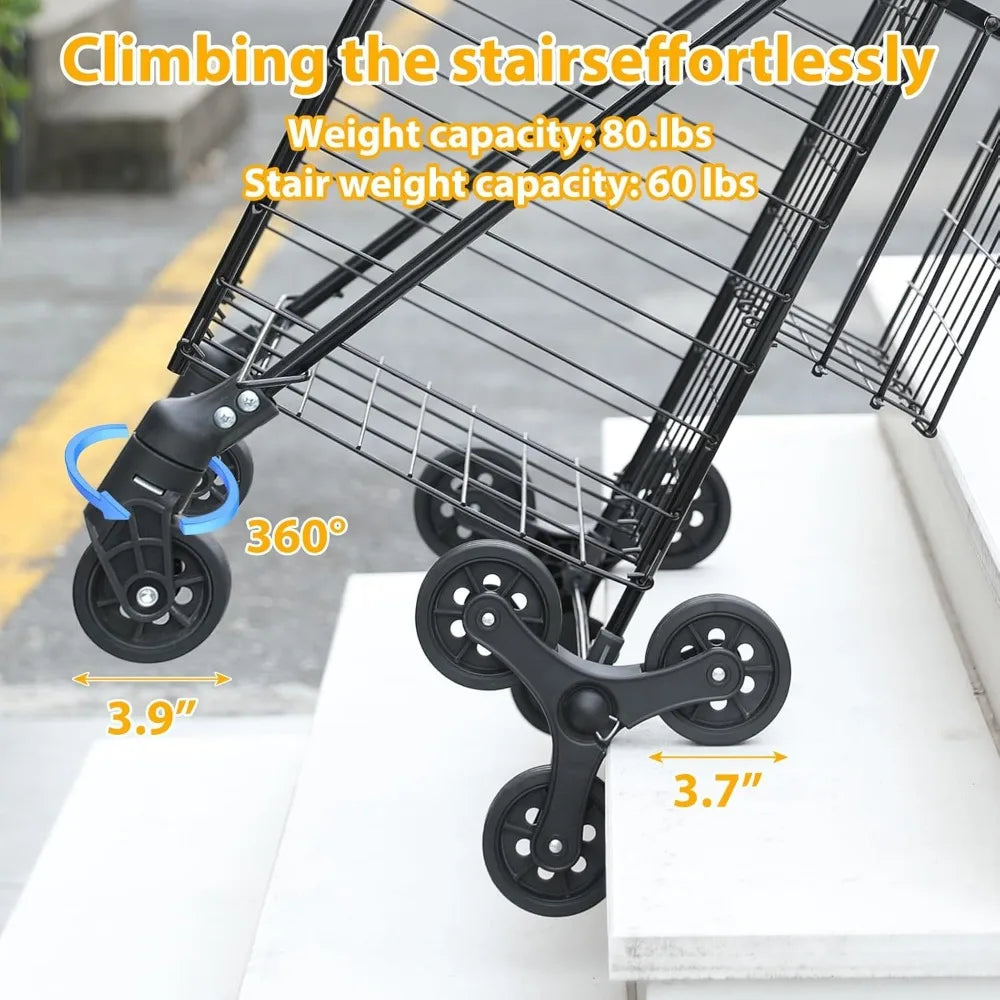 Stair Climbing Grocery Cart – Foldable Heavy Duty Rolling Cart with 360° Wheels for Groceries, Laundry & Apartments