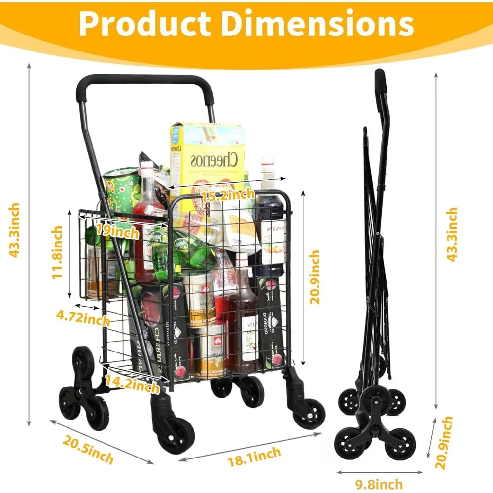 Stair Climbing Grocery Cart – Foldable Heavy Duty Rolling Cart with 360° Wheels for Groceries, Laundry & Apartments