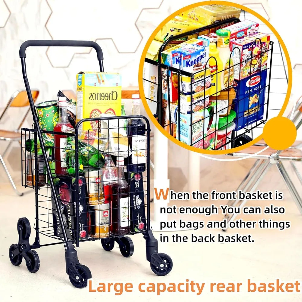 Stair Climbing Grocery Cart – Foldable Heavy Duty Rolling Cart with 360° Wheels for Groceries, Laundry & Apartments