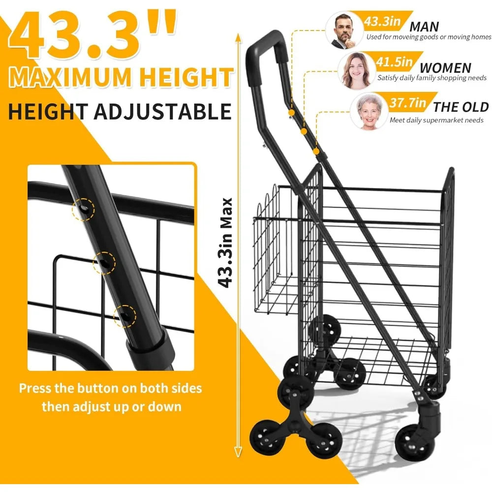 Stair Climbing Grocery Cart – Foldable Heavy Duty Rolling Cart with 360° Wheels for Groceries, Laundry & Apartments