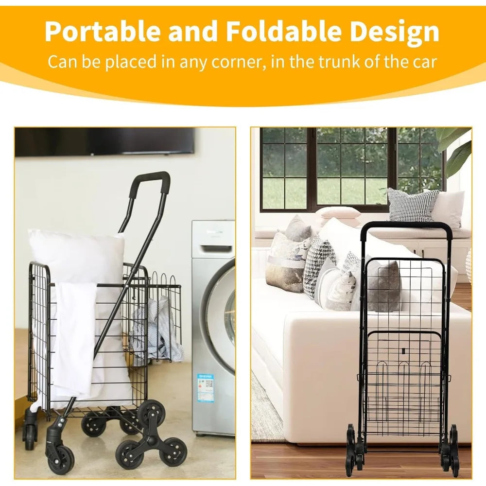 Stair Climbing Grocery Cart – Foldable Heavy Duty Rolling Cart with 360° Wheels for Groceries, Laundry & Apartments