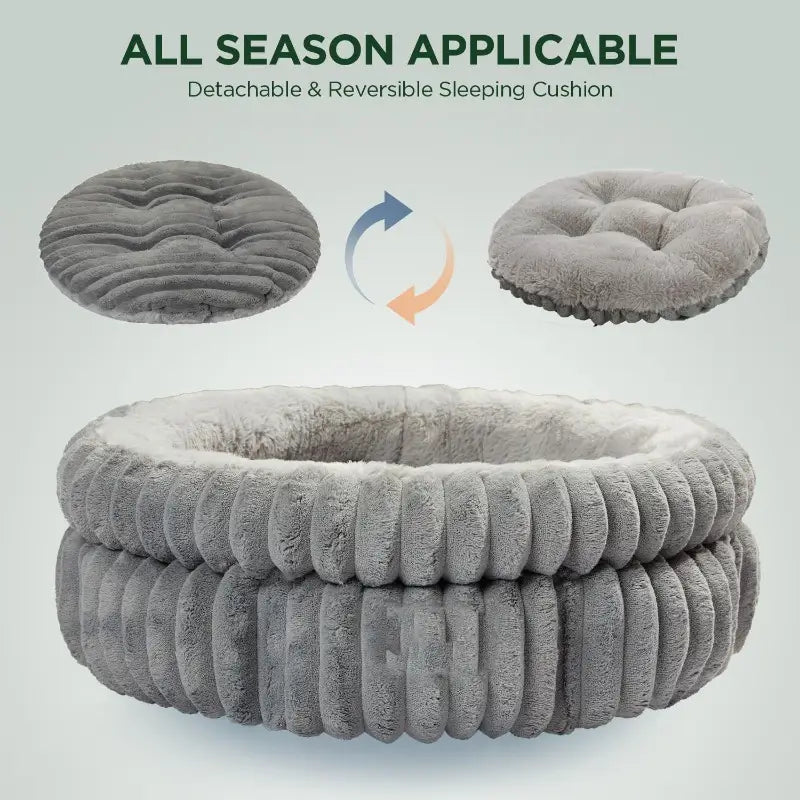 Gray detachable and reversible sleeping cushion with 'All Season Applicable' text on a white background.
