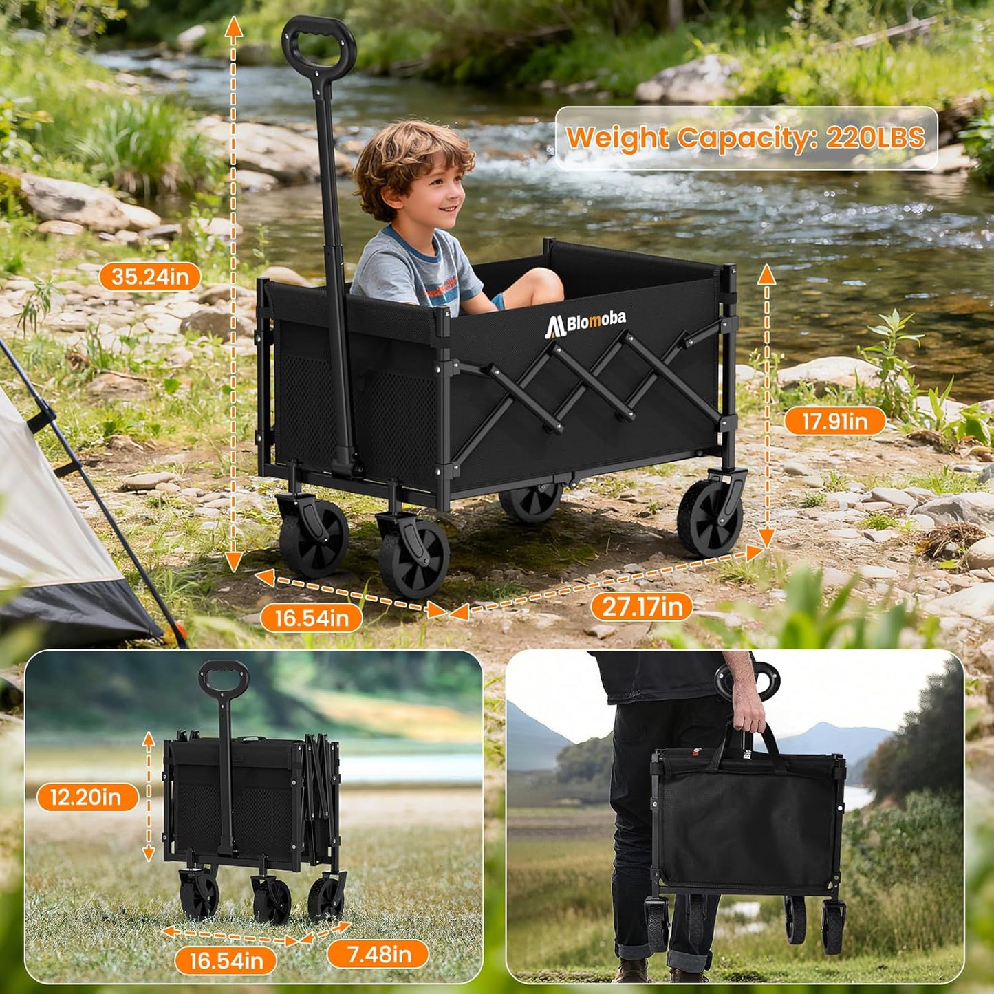 220lbs Heavy-Duty Foldable Utility Wagon Cart with Wheels – Compact, Collapsible Outdoor Gear Carrier